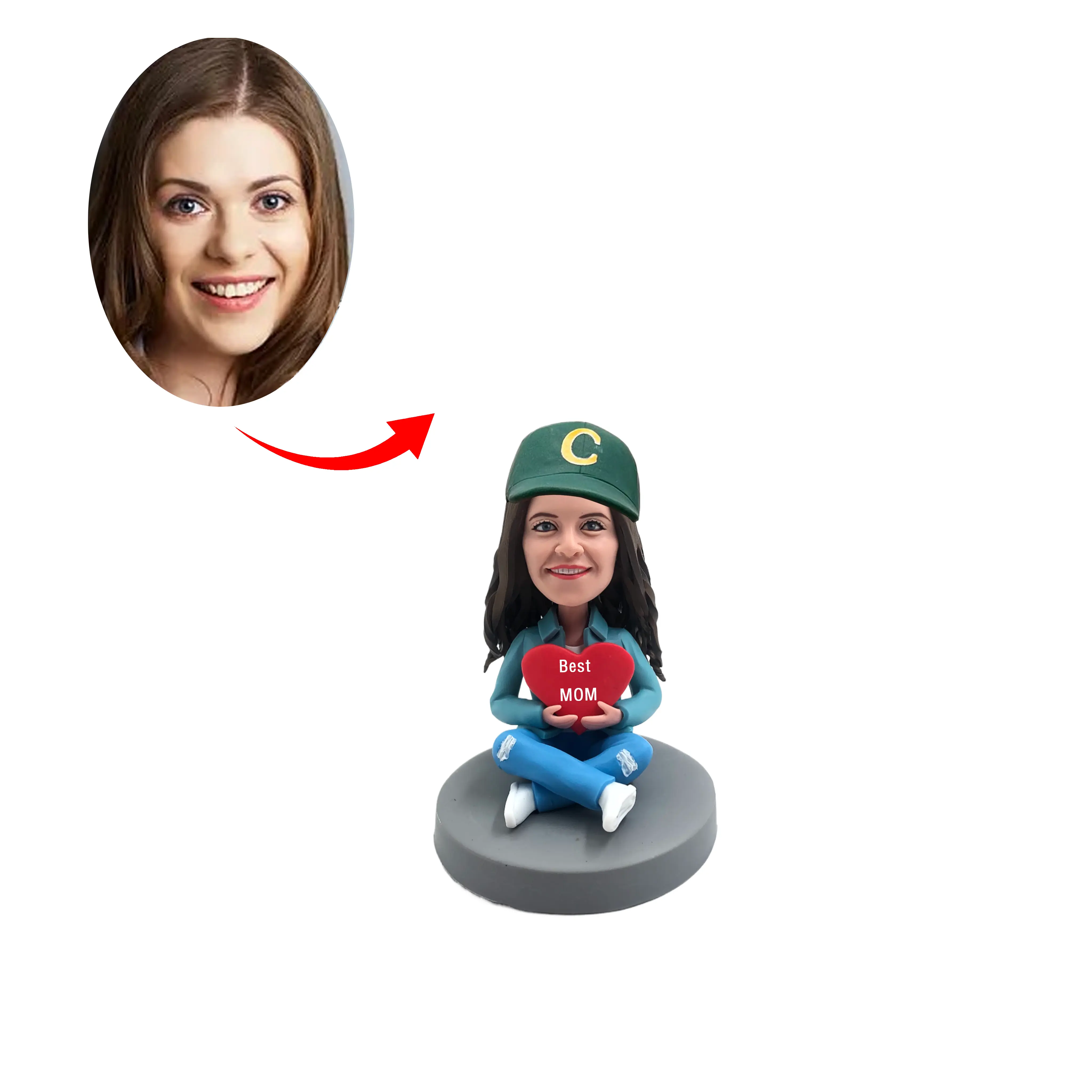 customized-bobble-head-doll-mother's-day-crouching-lady-holding-a-red-star-in-her-hand-light-green-blouse-and-slouchy-hat-with-blue-jeans-engraving-available